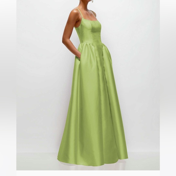 Dessy Collection Satin Twill Spaghetti Strap Ball Gown in Lime - Picture 3 of 7